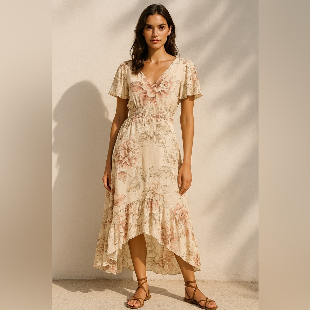 Abel the Label Floral High Low Ruffle Soft Pink Summer Dress Flutter Sleeves
